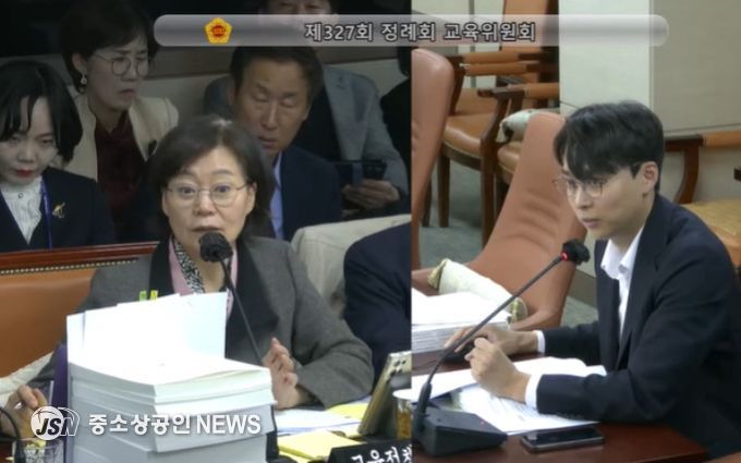 서울시의회 교육위원회 소속 정지웅 의원이 11월 8일 행정사무감사 교육위원회 교육정책국 2일차 회의에서 주소연 교육정책국장을 상대로 질의하고 있다.