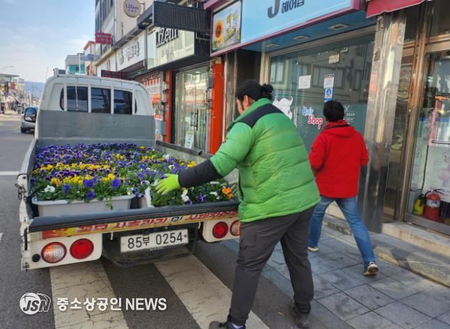 강진읍 일대 상가에 화분을 전달하고 있는 모습