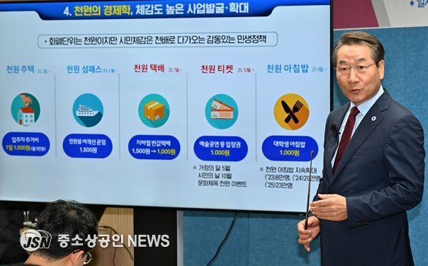 유정복 인천시장이 25.6.24. 시청 브리핑룸에서 긴급 민생경제 안정대책, 천원정책을 발표하고 있다